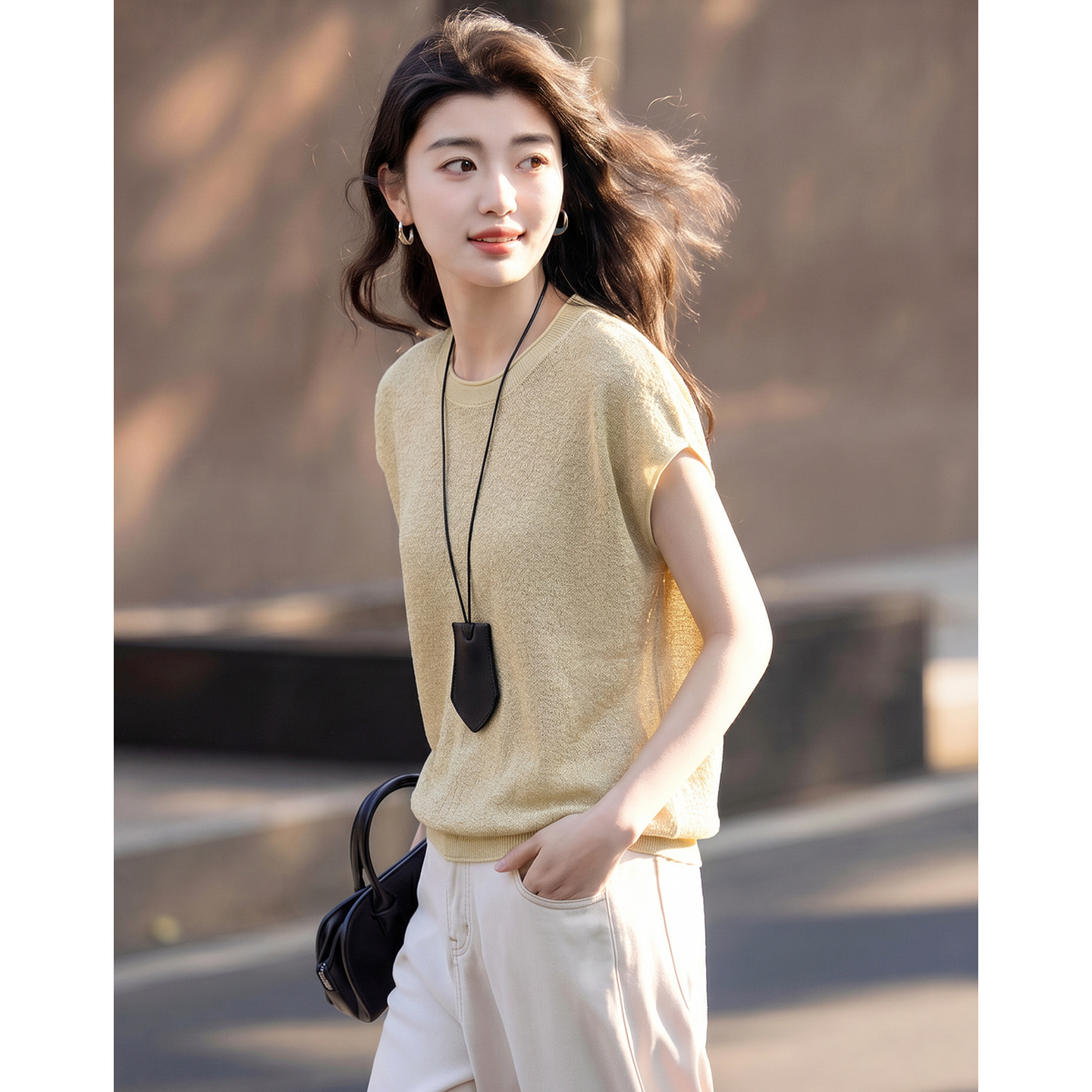 13671578.【含亚麻/莱赛尔】夏季简约风圆领短袖显瘦宽松针织衫女小个子