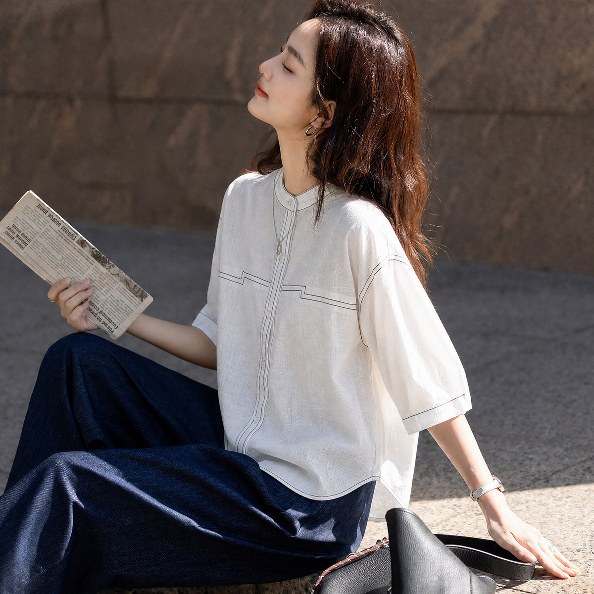 13672018.【智性美学】夏季通勤风撞色绣线立领单排扣轻薄显瘦小个子女衬衫