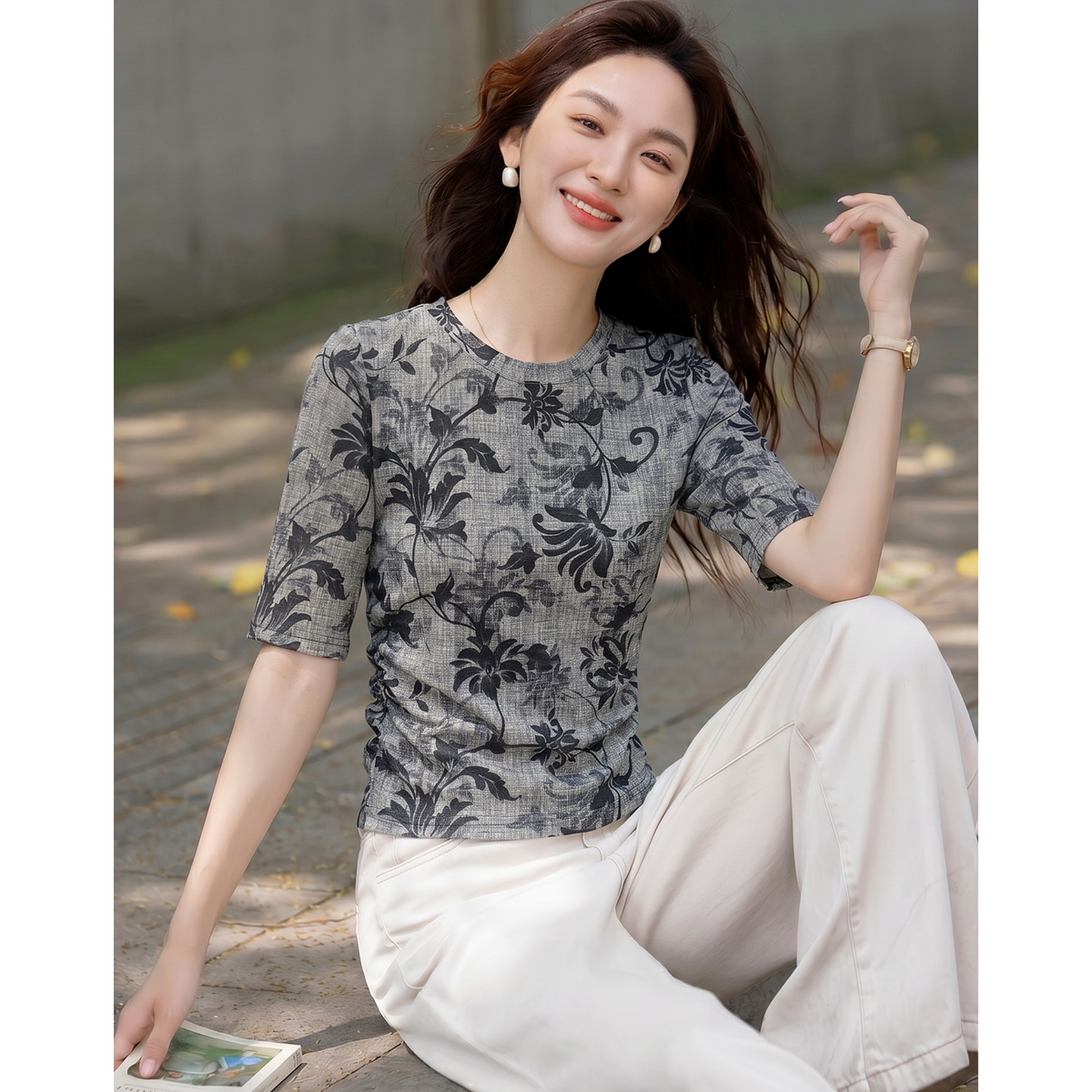 13671599.【舒适感穿搭】夏季复古针织印花圆领气质显瘦小个子时尚女式t恤