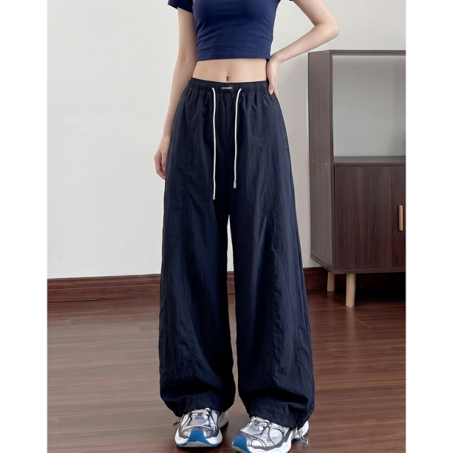 13671083.【开启轻量自由】夏季皱感肌理阔腿宽松撞色松紧腰显瘦女式休闲裤