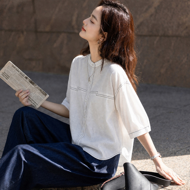 13672018.【智性美学】夏季通勤风撞色绣线立领单排扣轻薄显瘦小个子女衬衫