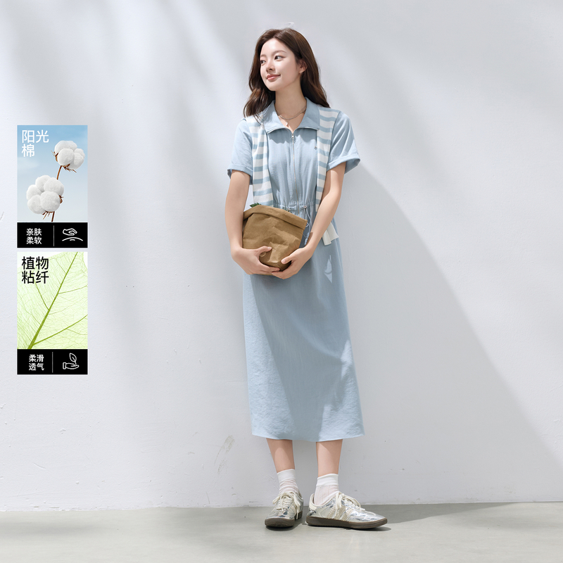 13672155.三彩若潮大码女装2026夏季新款抽绳收腰连衣裙简约藏肉短袖微胖MM