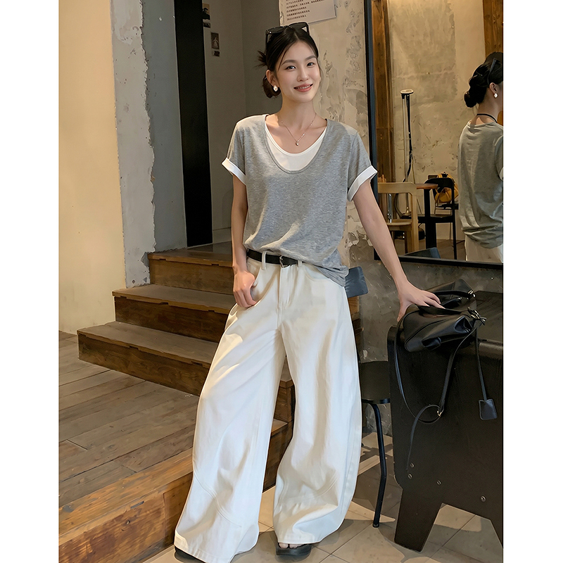 13670963.【亲肤棉氨】夏季都市时尚简约圆领短袖拼色弹力显瘦t恤女小个子