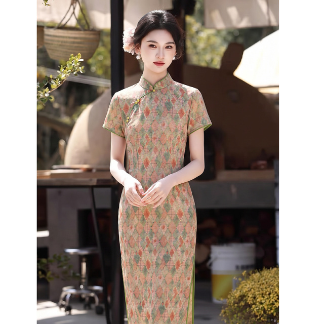 13671129.【一梦芳华】夏季国风新中式菱格印花立领开叉收腰旗袍式女连衣裙