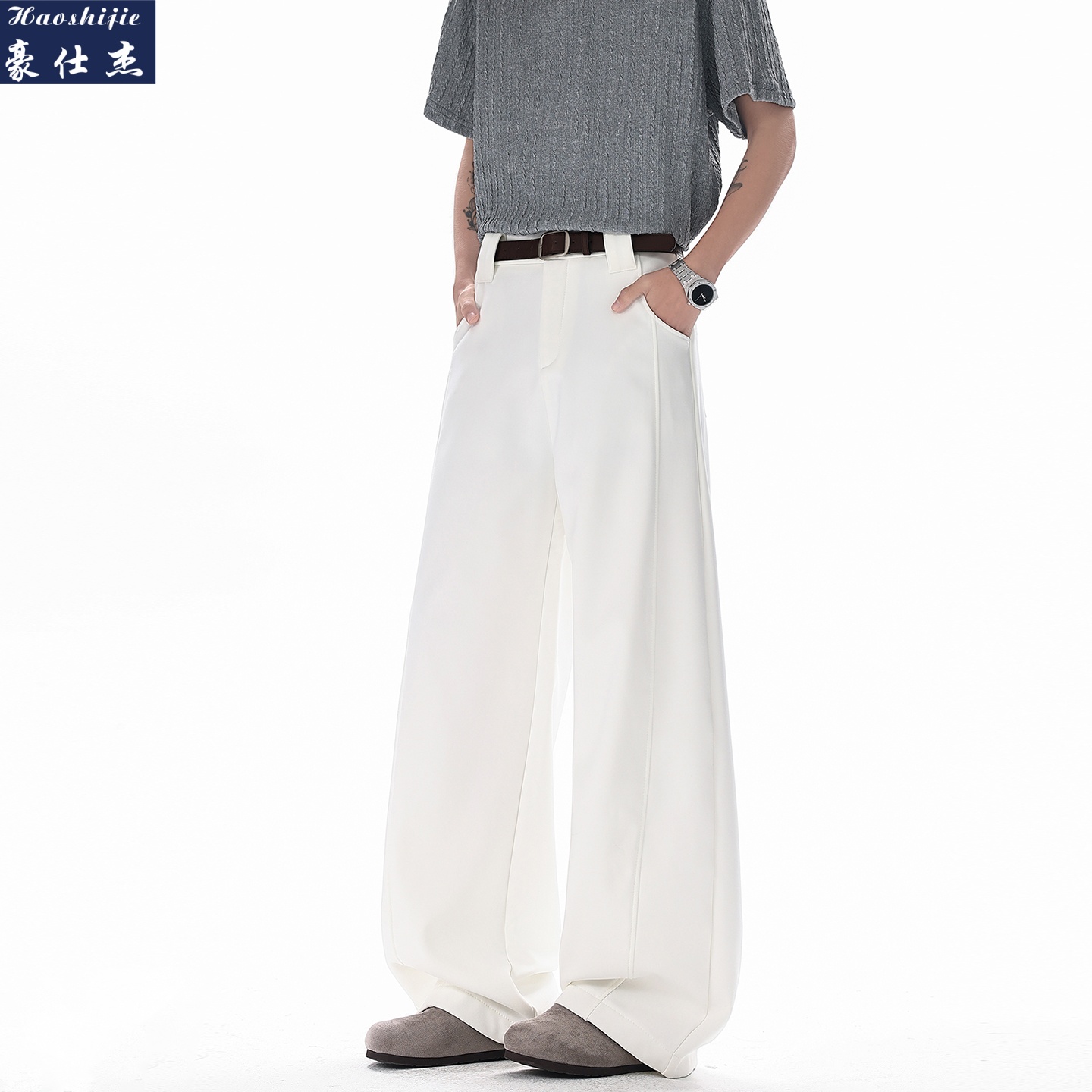 13672472.《休闲时尚》春夏季微喇弯刀西装裤男高个子加长西裤阔腿休闲裤