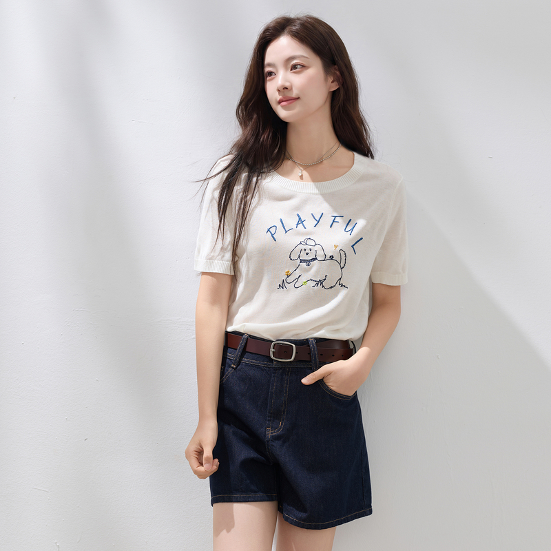 13671365.三彩若潮大码女装2026夏季新款小狗绣花针织衫藏肉短袖透气微胖MM