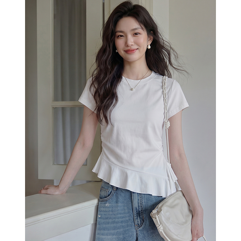 13670966.【凉感索罗娜】夏季都市风圆领短袖不规则荷叶摆显瘦t恤女小个子