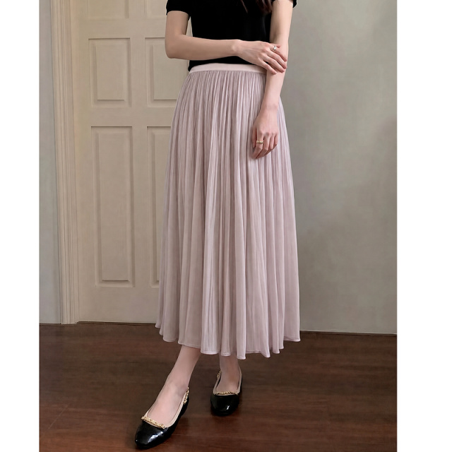 13671975.【步履成诗】夏季优雅风珠光纱百褶裙松紧腰A字大摆显瘦女半身裙