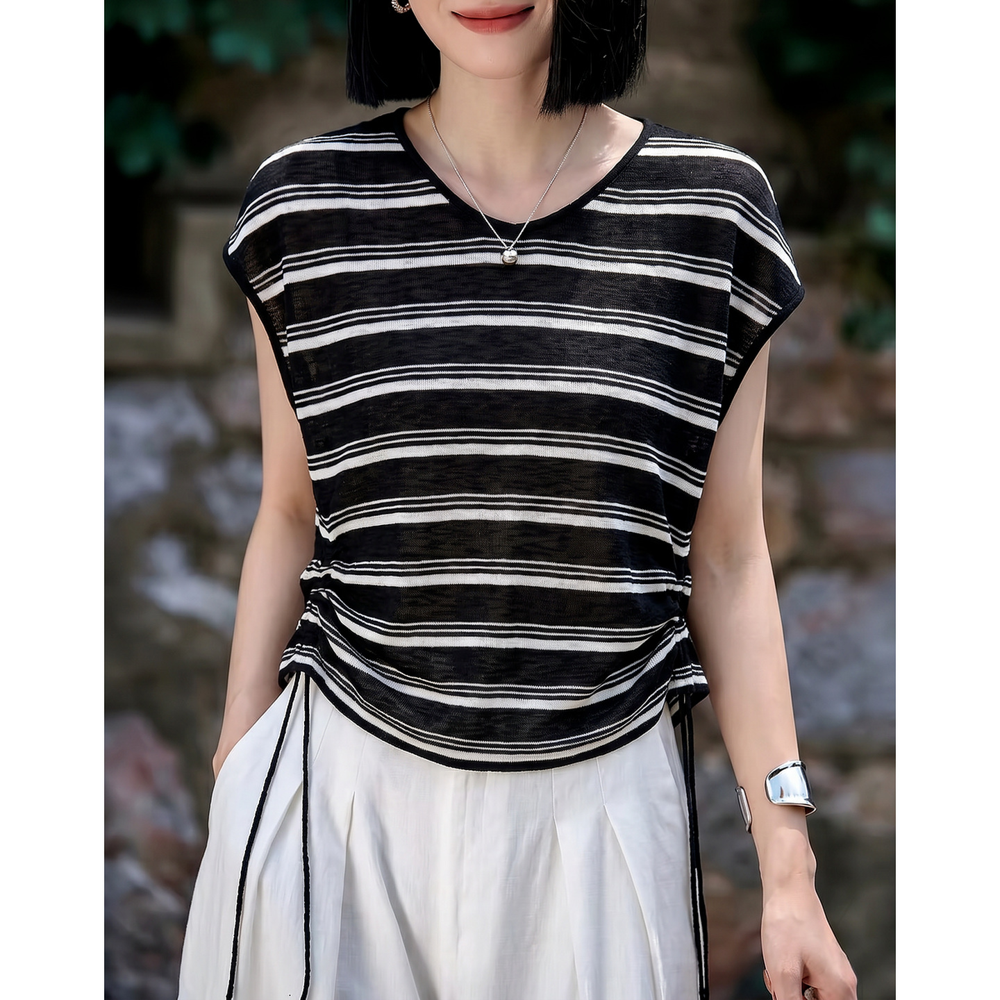 13671089.【勾勒双C腰】夏季复古通勤条纹无袖可抽皱腰显瘦针织衫女小个子