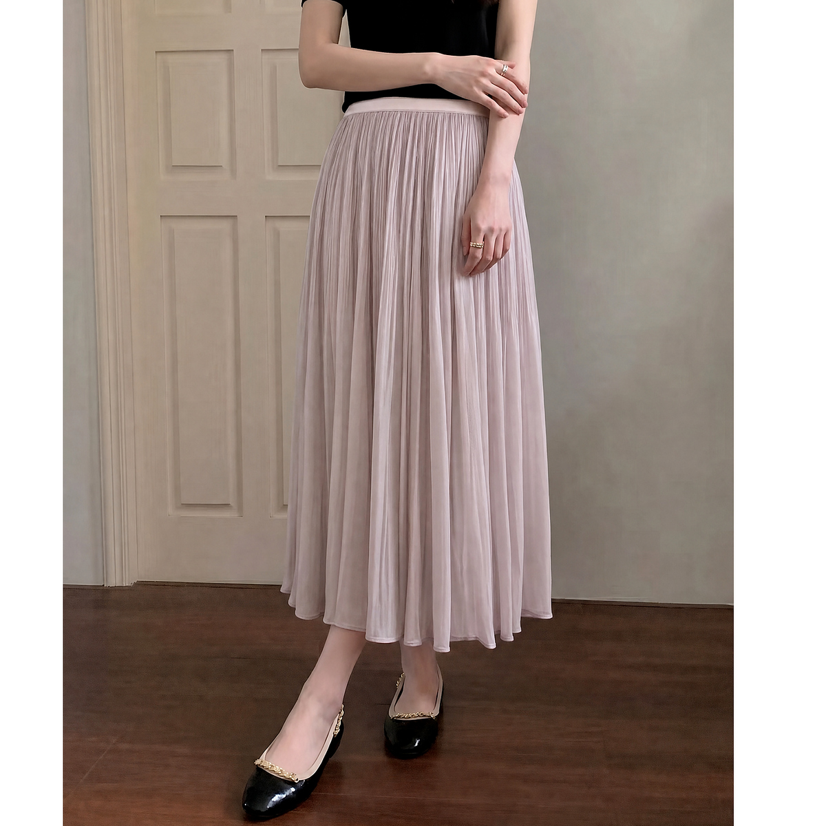 13671975.【步履成诗】夏季优雅风珠光纱百褶裙松紧腰A字大摆显瘦女半身裙