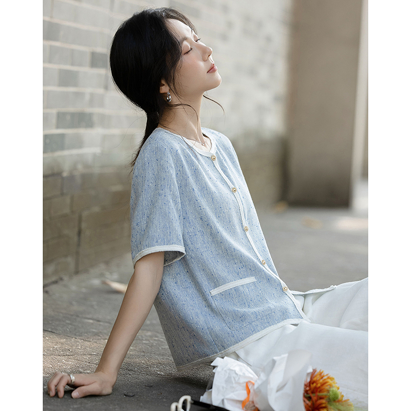 13232974.【法式优雅】夏季小香风撞色织带拼接圆领宽松显瘦外套女高级感
