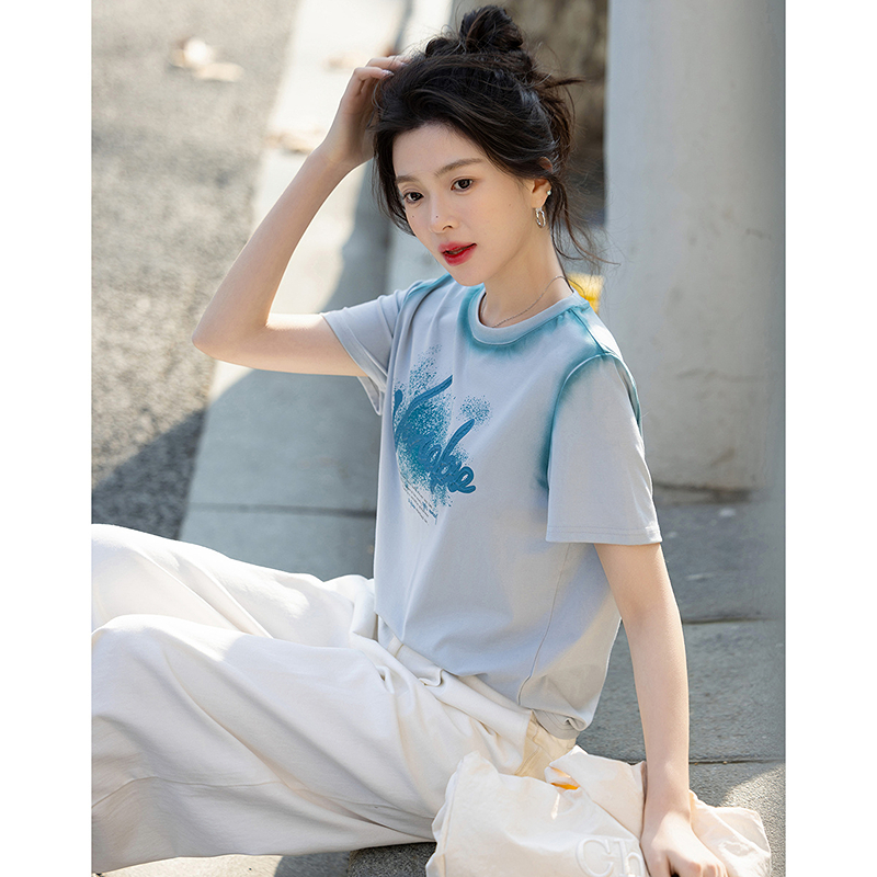 13287757.【定位喷墨工艺】夏季立体数码胶印圆领短袖显瘦藏肉t恤女高级感