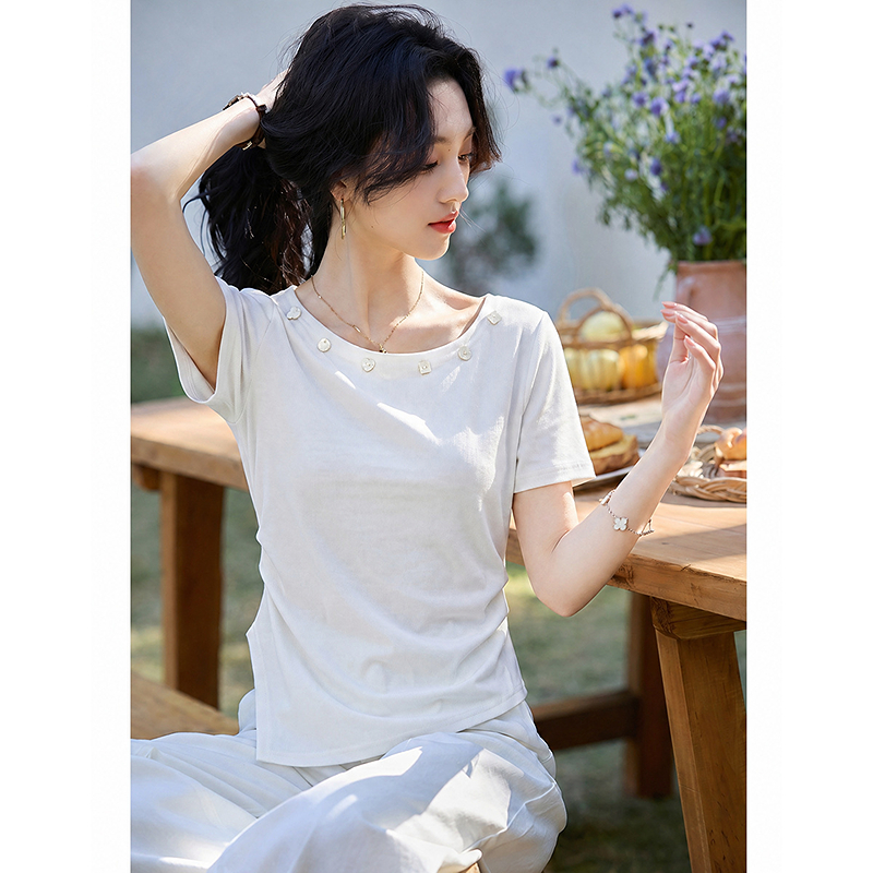 13452291.【勾勒双C腰】夏季松紧侧缝单边开叉不对称下摆显瘦t恤女小个子