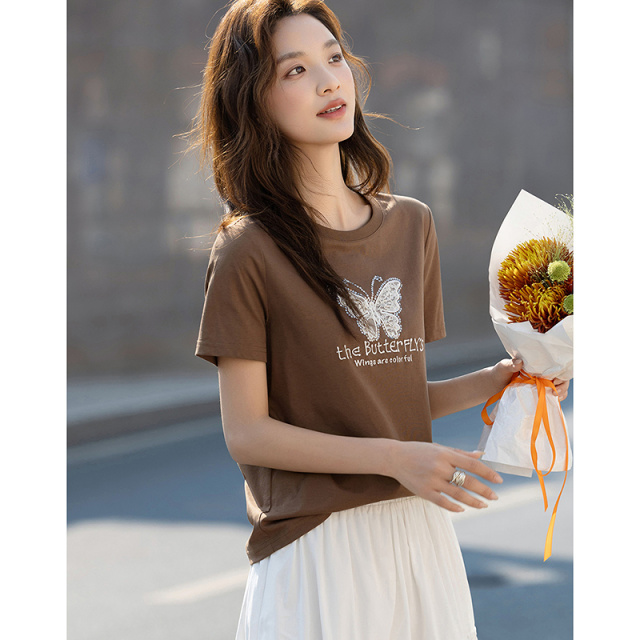 13233449.【凉感索罗娜】夏季气质圆领蕾丝贴布刺绣蝴蝶显瘦t恤女高级感