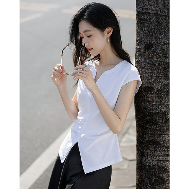 13414884.【智感通勤】夏季棉氨V领盖袖分割抽皱收腰修身显瘦t恤女高级感