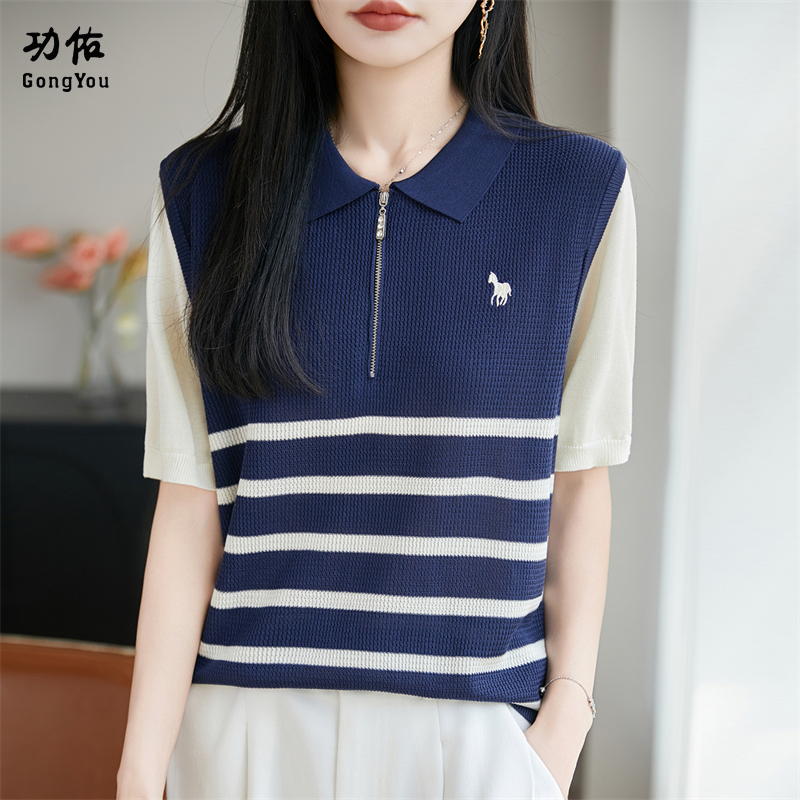 13673931.【功佑】POLO领海军蓝条纹拼接针织短袖【莱赛尔】