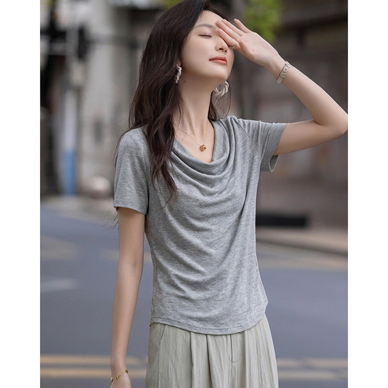 13233451.【含绵羊毛莱赛尔】夏季名媛风荡领可一字肩高弹显瘦t恤女高级感