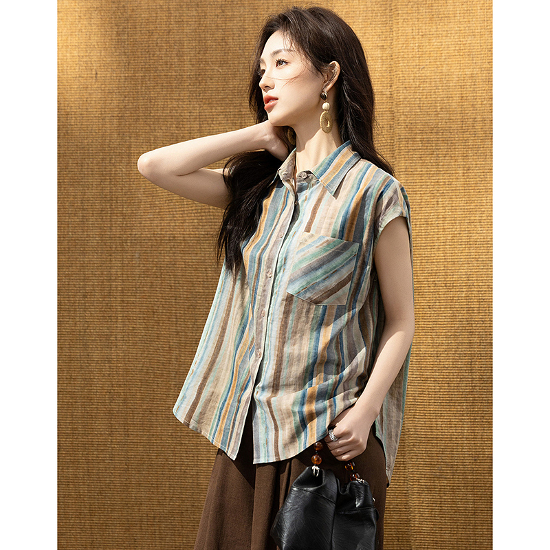 13414920.【清新纯棉】夏季都市复古翻领短袖条纹印花宽松显瘦衬衫女高级感