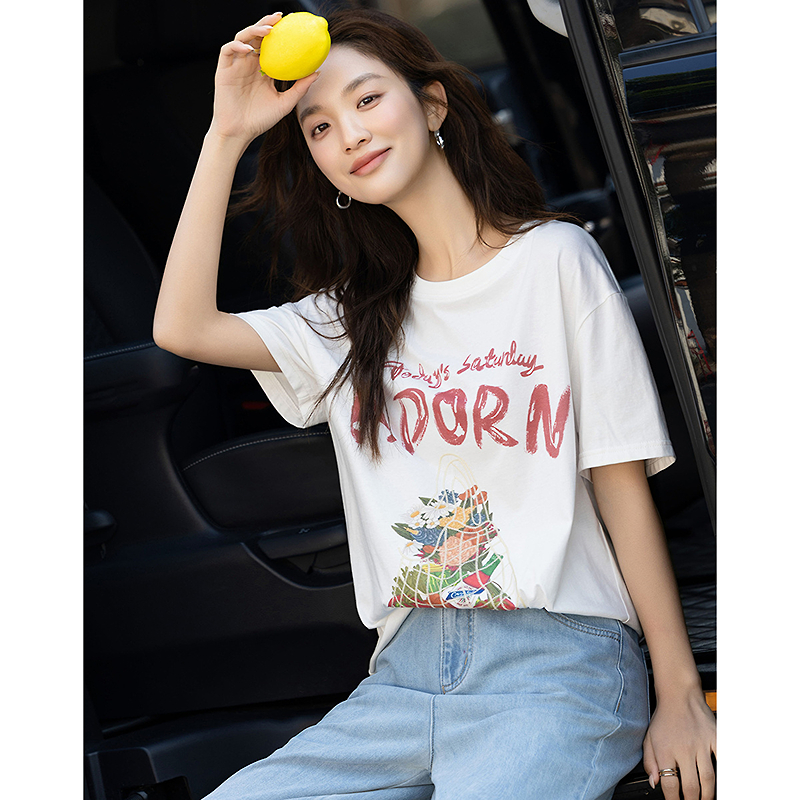 13287795.【氧气纯棉】夏季舒爽体感圆领落肩趣味刺绣印花显瘦t恤女高级感