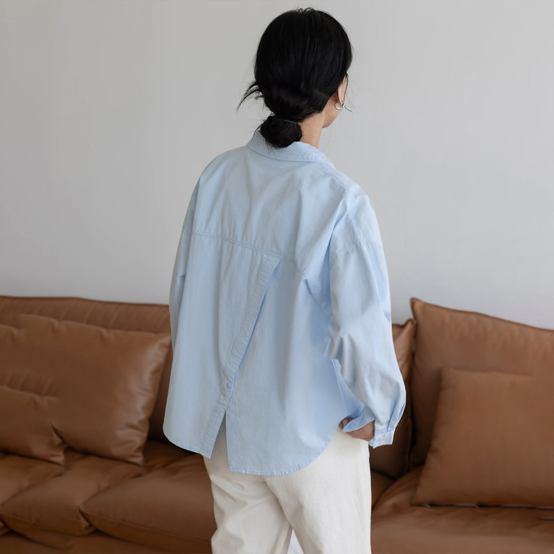 13672930.初云紫衣春秋装 女开叉浅蓝色衬衫长袖宽松小众设计感刺绣衬衣8077