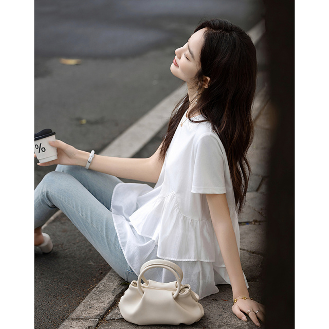 13673269.【轻盈180G索罗娜】夏季甜美风圆领短袖打底衫荷叶边女式t恤