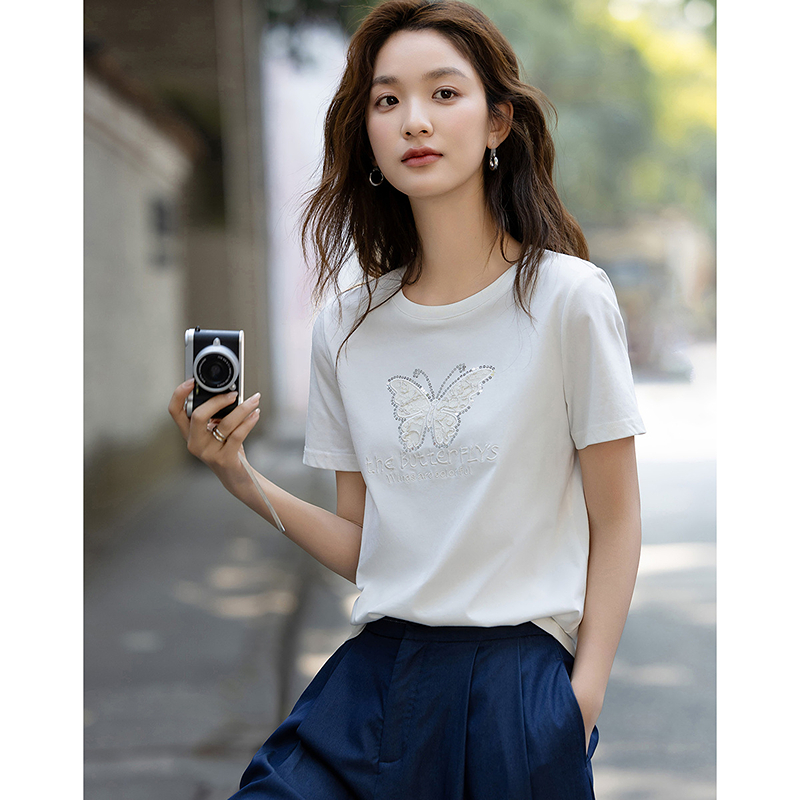 13233449.【凉感索罗娜】夏季气质圆领蕾丝贴布刺绣蝴蝶显瘦t恤女高级感