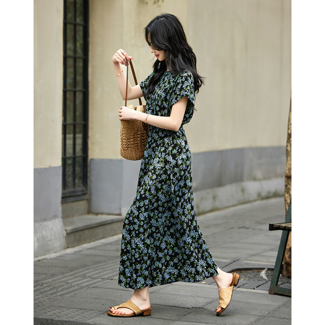 13670964.【南法情书】夏季法式船领印花绑带收腰短袖显瘦连衣裙女小个子
