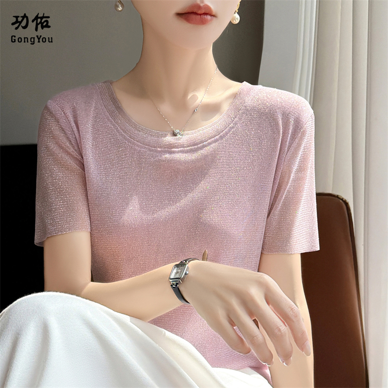 13673991.【功佑】圆领轻薄微透亮丝针织短袖