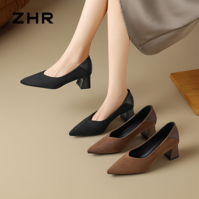 13675314.【ZHR则则】粗跟浅口尖头套脚粗跟女鞋[绒布+PU]