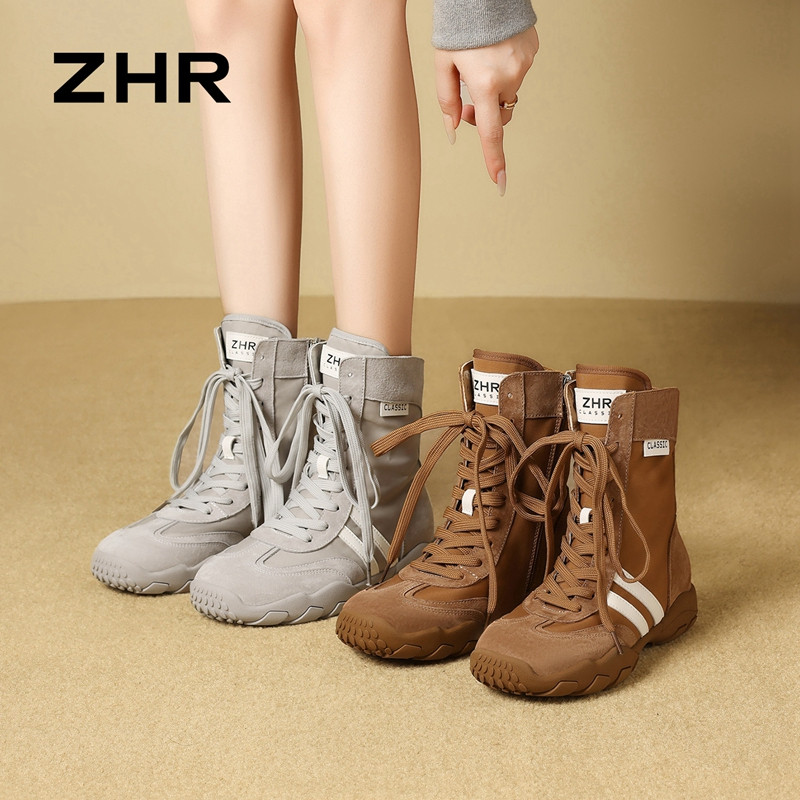 13675361.【ZHR则则】时尚户外靴圆头系带厚底女鞋[雨伞布+头层猪皮]
