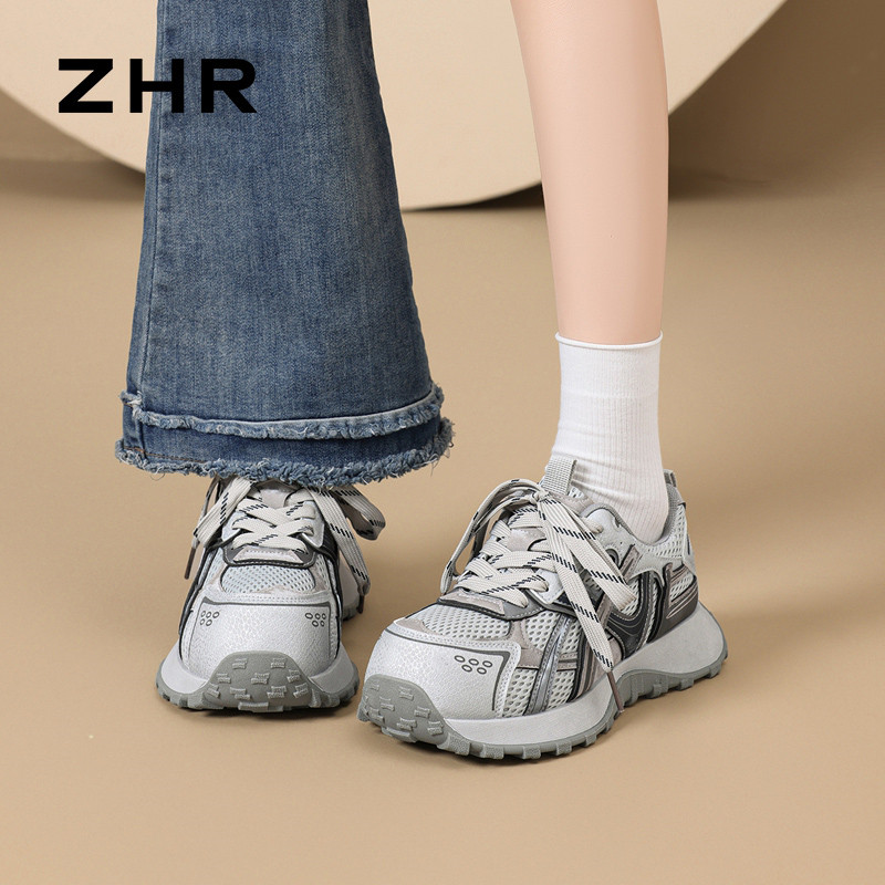 13675353.【ZHR则则】老爹鞋圆头系带厚底女鞋[PU+网布]