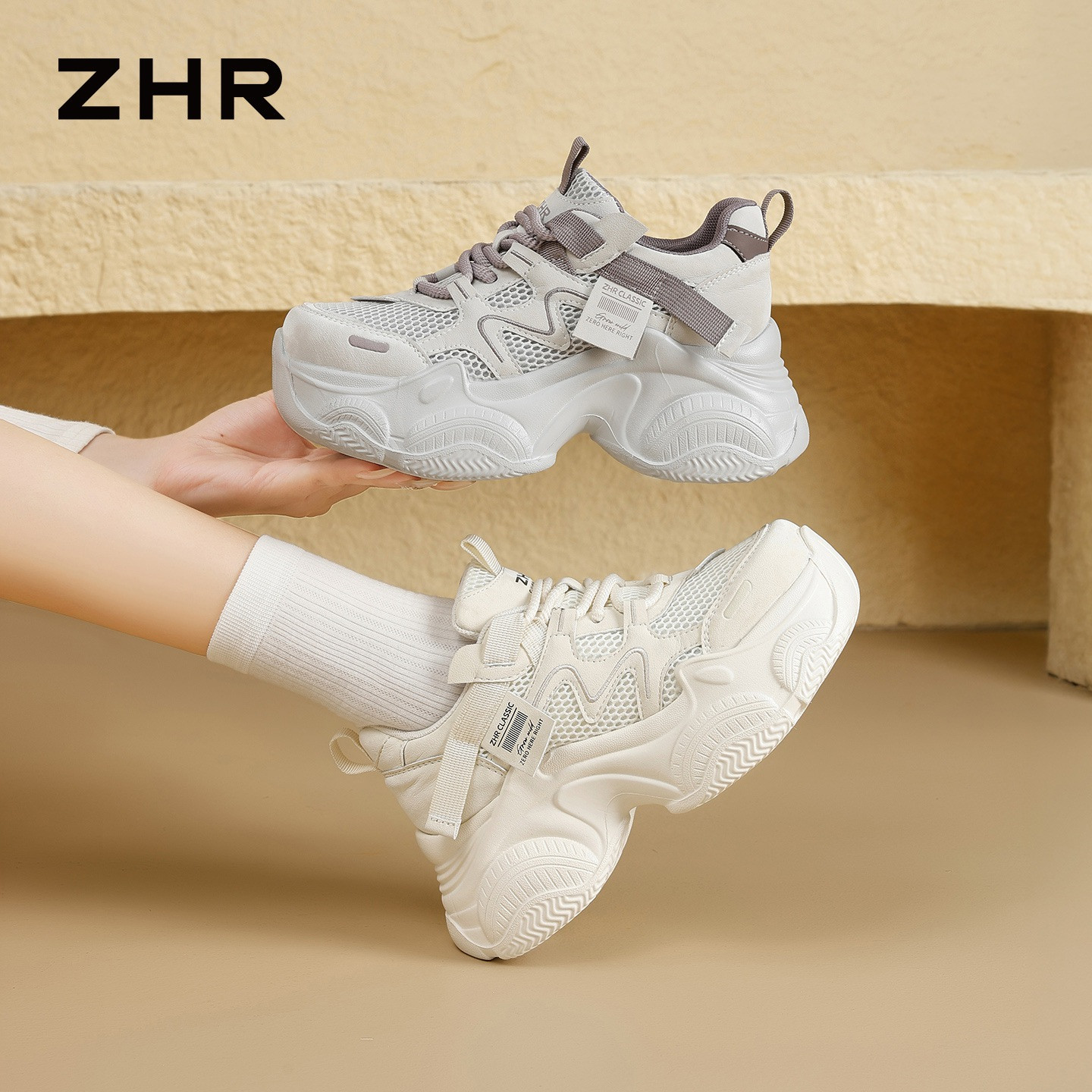 13675385.【ZHR则则】内增高老爹鞋圆头系带厚底女鞋[超纤+网布]