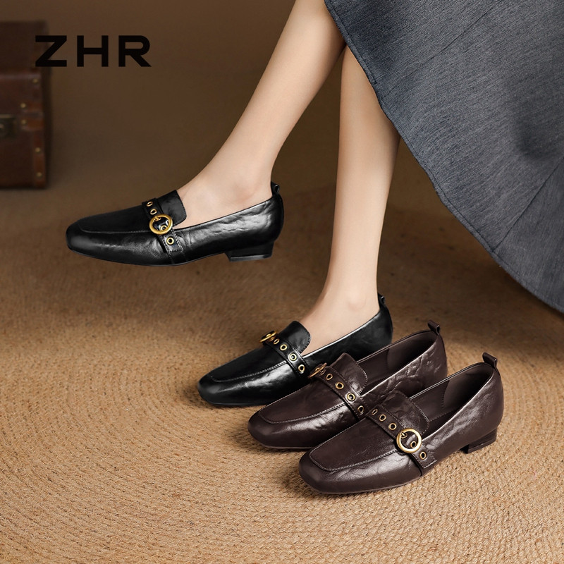 13675364.【ZHR则则】粗跟乐福鞋圆头套脚平底女鞋[牛剖层移膜革]
