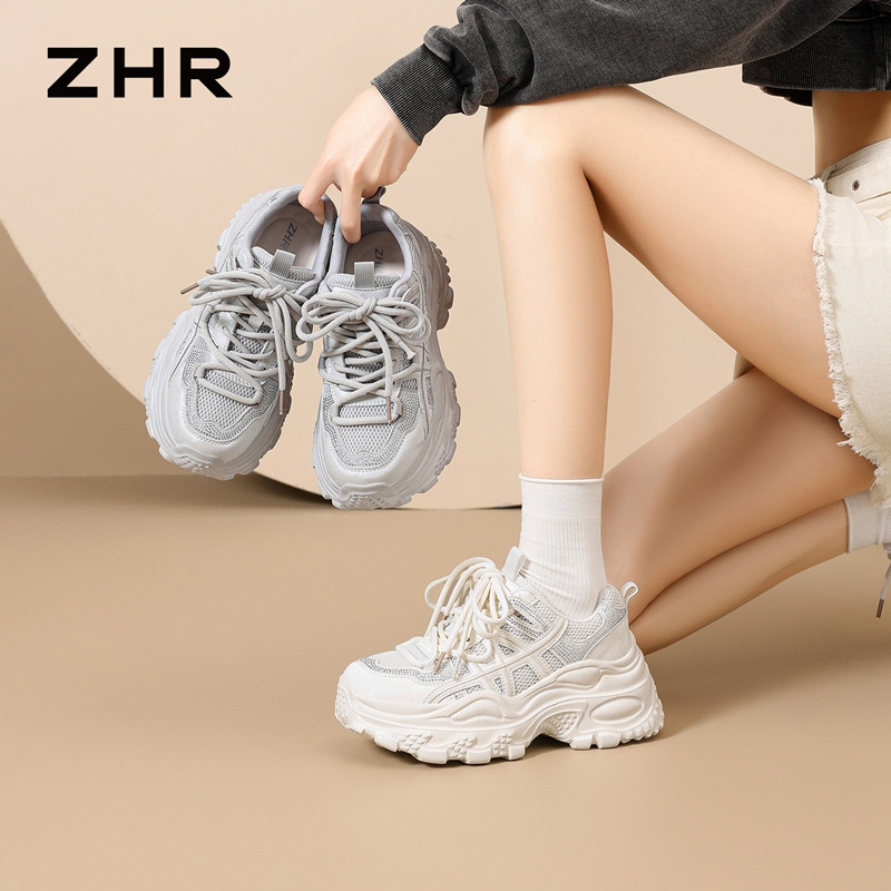 13675337.【ZHR则则】老爹鞋圆头系带厚底女鞋[PU+网布]