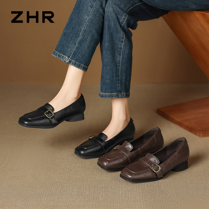 13675351.【ZHR则则】粗跟乐福鞋圆头系带厚底女鞋[牛剖层移膜革]
