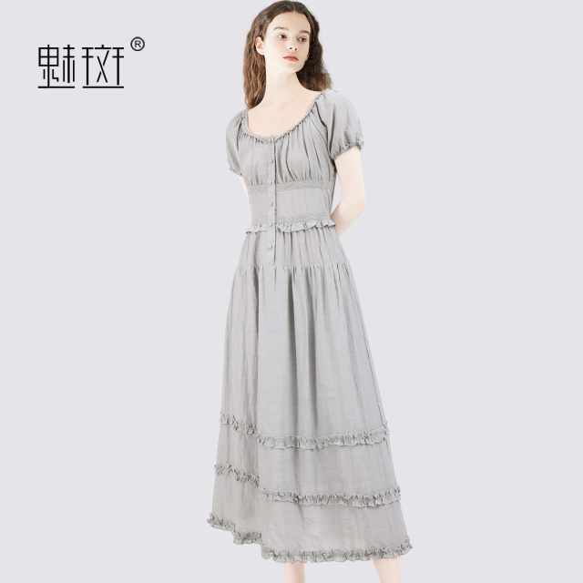 13674346.魅斑灰色木耳边连衣裙A字裙