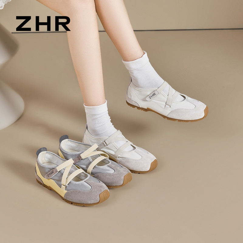 13844560.【ZHR则则】运动玛丽珍鞋圆头魔术贴平底女鞋[雨伞布+头层猪皮+超纤]