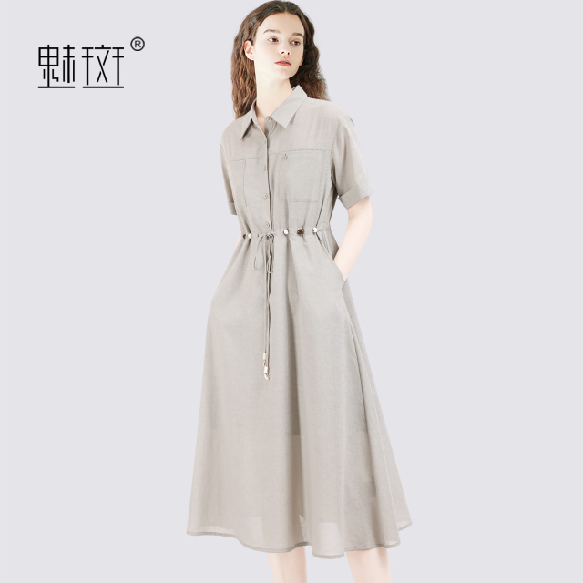 13674350.魅斑系带翻领连衣裙长裙