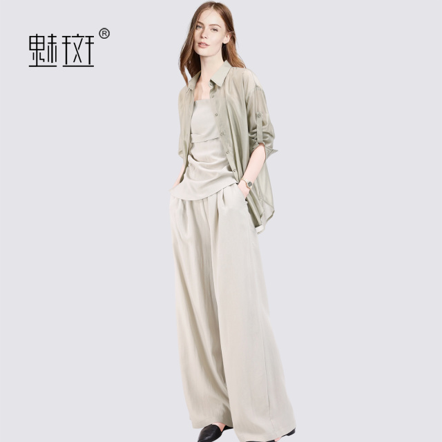 13674359.魅斑天丝衬衫亚麻吊带阔腿裤三件套装