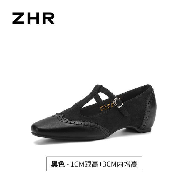 13675343.【ZHR则则】平底玛丽珍鞋尖头搭扣粗跟女鞋[绒布+PU]
