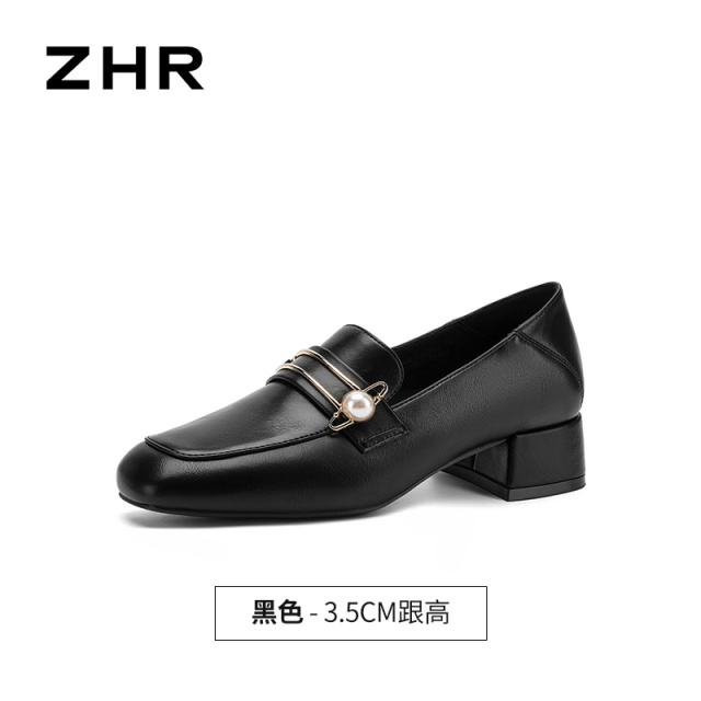 13800146.【ZHR则则】粗跟乐福鞋方头珍珠扣套脚粗跟女鞋[PU]