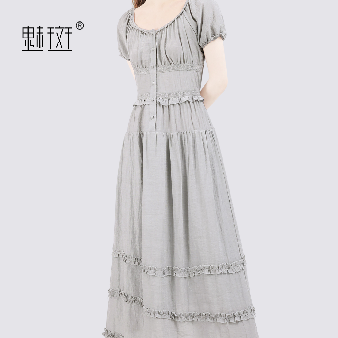 13674346.魅斑灰色木耳边连衣裙A字裙