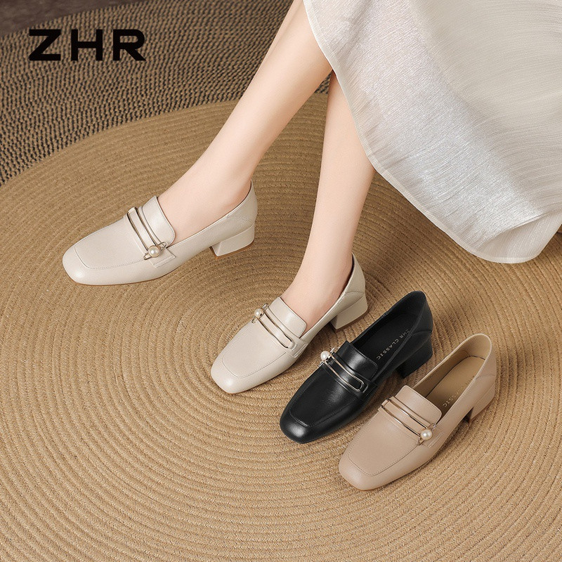 13800146.【ZHR则则】粗跟乐福鞋方头珍珠扣套脚粗跟女鞋[PU]