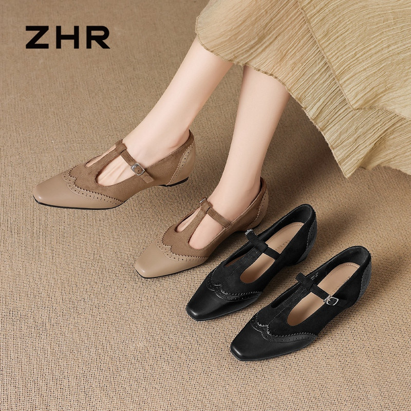 13675343.【ZHR则则】平底玛丽珍鞋尖头搭扣粗跟女鞋[绒布+PU]