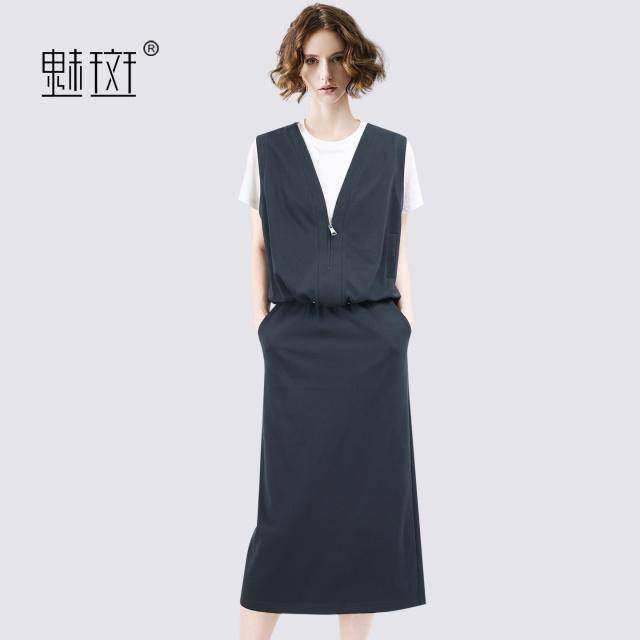 13674347.魅斑假两件撞色短袖半身裙套装圆领