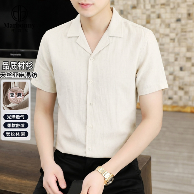 13674761.天丝莱赛尔亚麻西装领宽松版休闲短袖衬衫