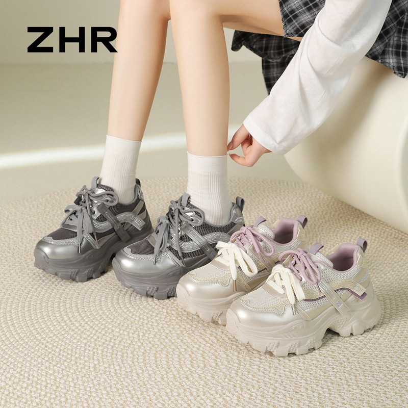 13675375.【ZHR则则】老爹鞋圆头系带厚底女鞋[超纤+网布]