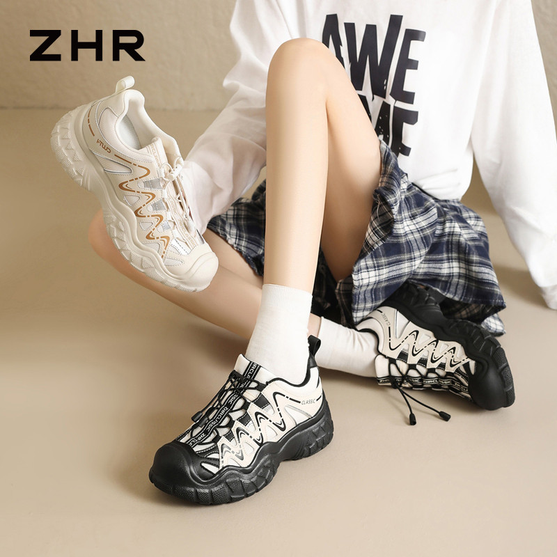 13675376.【ZHR则则】户外休闲鞋圆头抽绳搭扣厚底女鞋[超纤+PU+网布]