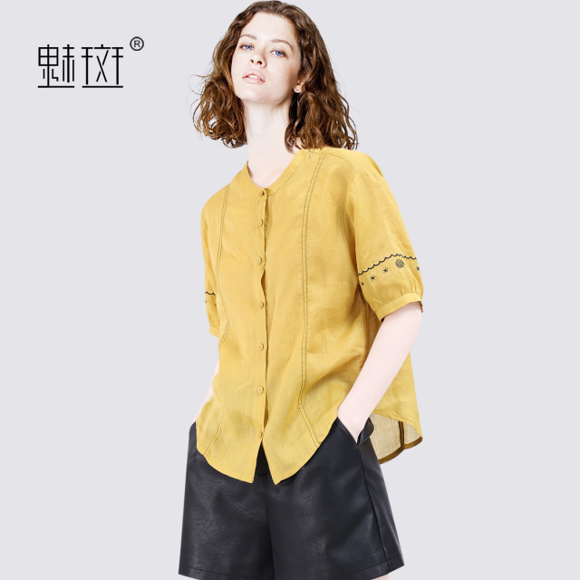 13674381.魅斑黄色短袖衬衫上衣衬衣