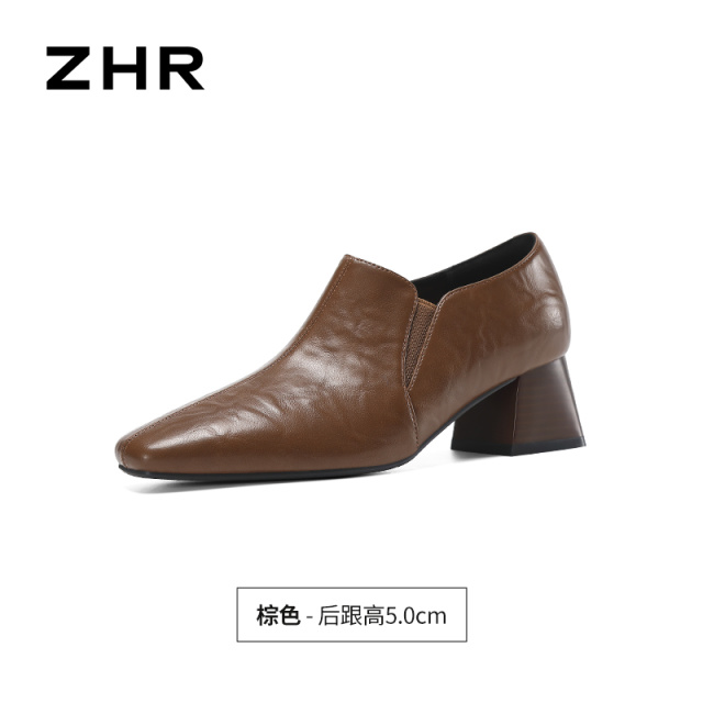 13675349.【ZHR则则】深口单鞋方头套脚粗跟女鞋[PU]